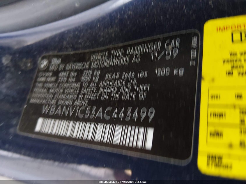 2010 BMW 5 series VIN WBANV1C53AC443499 IAAI salvage auction — NORMAL WEAR, Clear (Georgia), sold $300 on 2026-07-29 (photo 9)