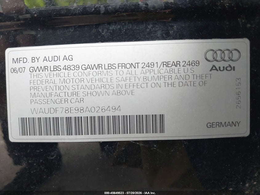 2008 Audi A4 VIN WAUDF78E98A026494 IAAI salvage auction — NORMAL WEAR, Clear - Dealer Only (California), sold $300 on 2026-07-28 (photo 9)