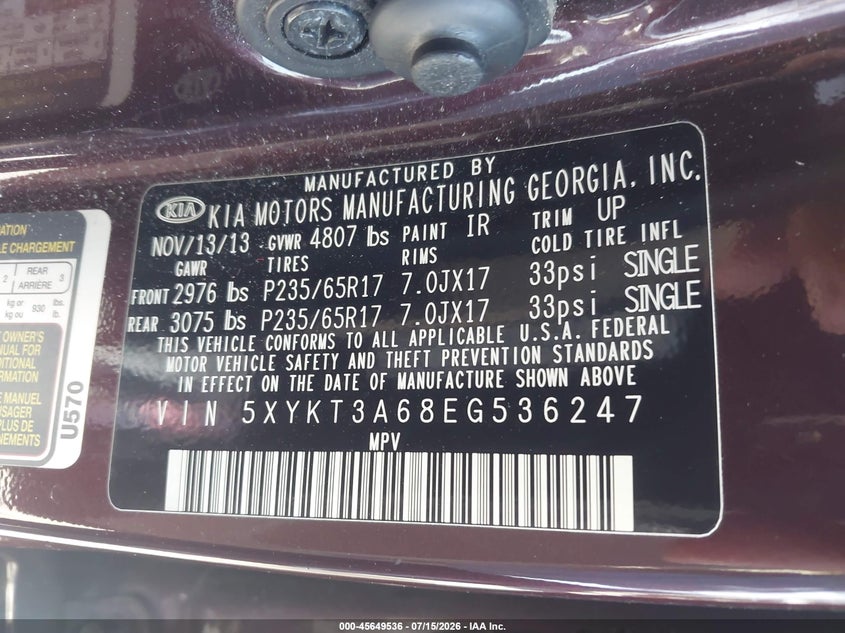2014 Kia Sorento VIN 5XYKT3A68EG536247 IAAI salvage auction — NORMAL WEAR, Clear - Dealer Only (California), sold $1,225 on 2026-07-24 (photo 9)