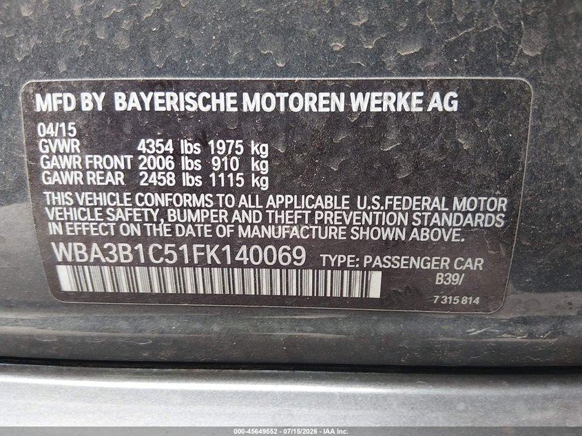 2015 BMW 3er VIN WBA3B1C51FK140069 IAAI salvage auction — NORMAL WEAR, Clear-Dealer Only (Arizona), sold $1,650 on 2026-07-28 (photo 9)