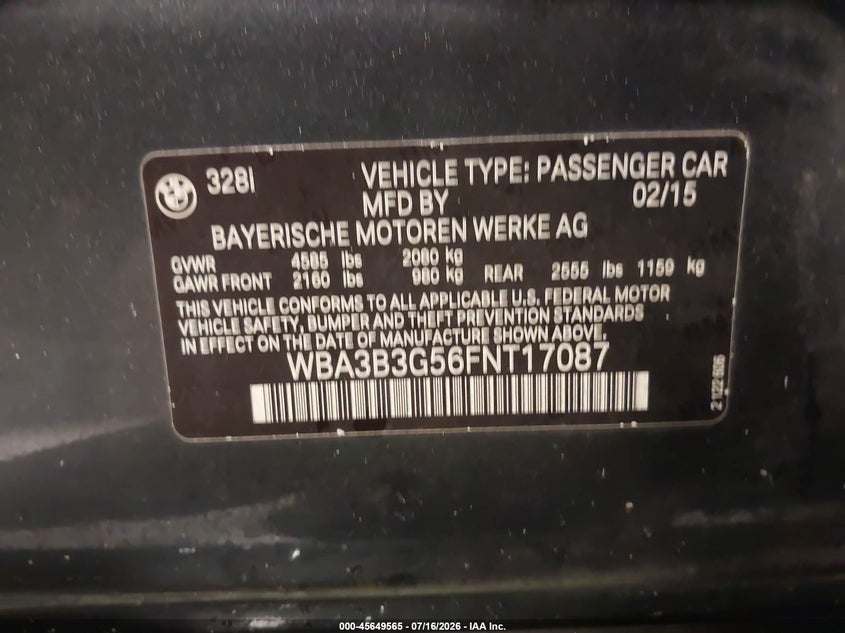 2015 BMW 3er VIN WBA3B3G56FNT17087 IAAI salvage auction — FRONT END, Salvage Title, sold $400 on 2026-08-20 (photo 9)