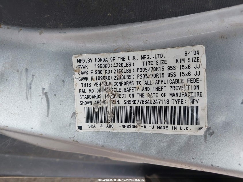 2004 Honda Cr-v VIN SHSRD77864U247118 IAAI salvage auction — NORMAL WEAR, Clear (Massachusetts), sold $675 on 2026-07-24 (photo 9)
