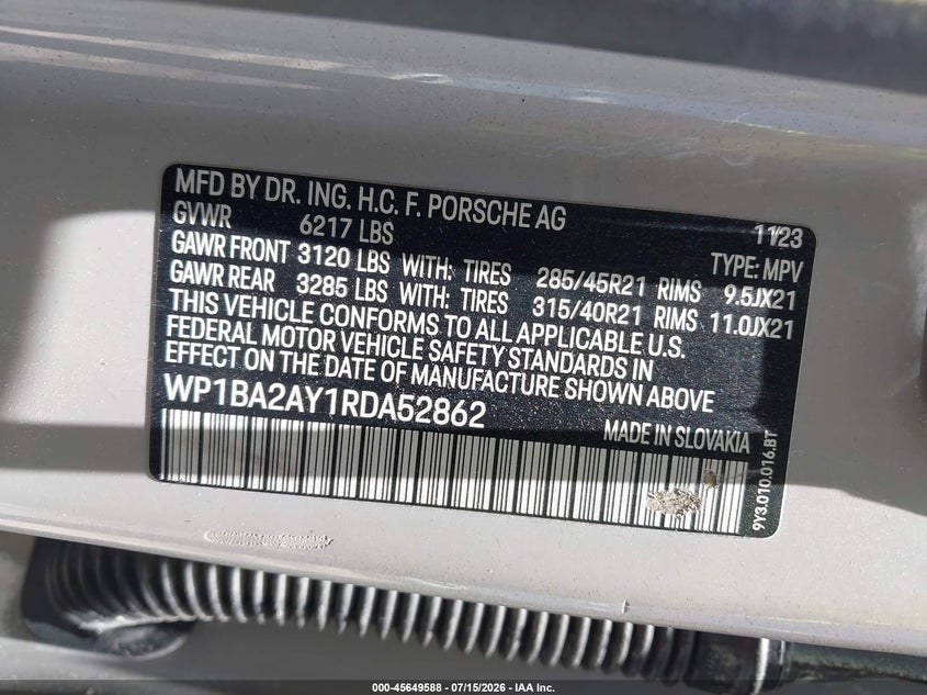 2024 Porsche Cayenne VIN WP1BA2AY1RDA52862 IAAI salvage auction — FRONT END, Clear (Florida), sold $20,600 on 2026-07-29 (photo 9)