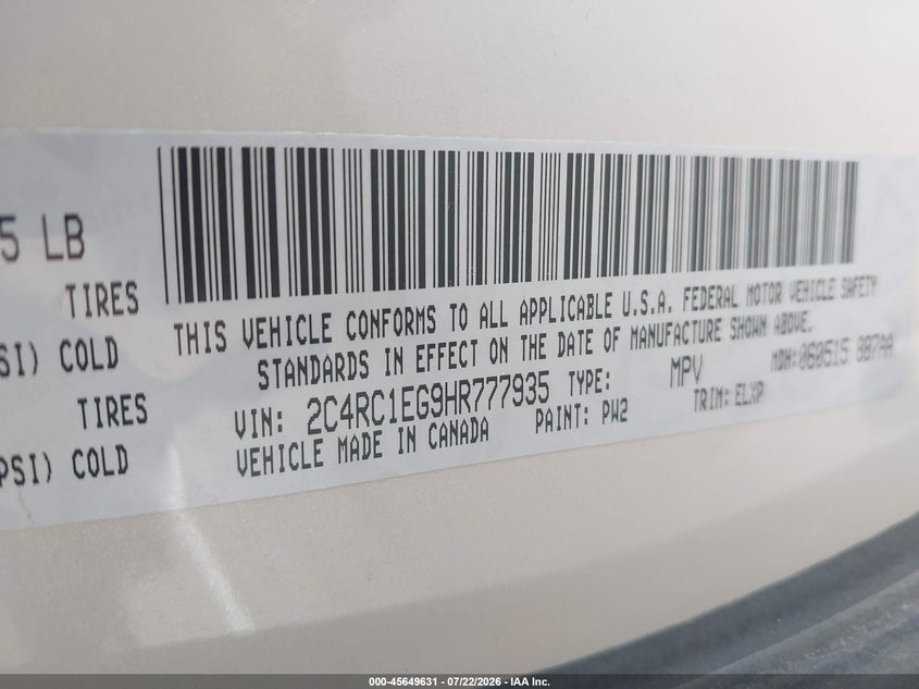 2017 Chrysler Pacifica VIN 2C4RC1EG9HR777935 IAAI salvage auction — HAIL, Salvage Title, sold $1,800 on 2026-09-08 (photo 9)