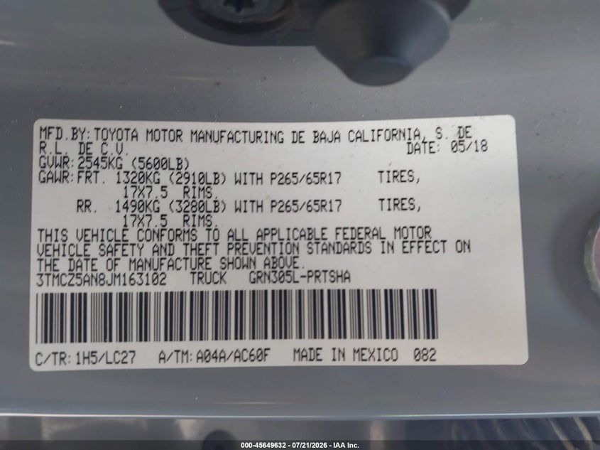 2018 Toyota Tacoma VIN 3TMCZ5AN8JM163102 IAAI salvage auction — FRONT & REAR, Salvage Title, sold $12,100 on 2026-08-05 (photo 9)