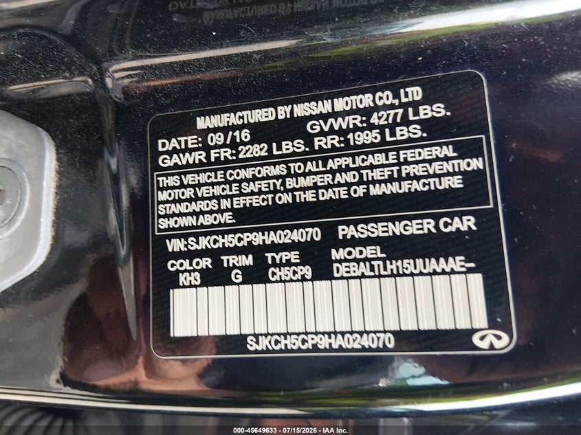2017 Infiniti Qx30 VIN SJKCH5CP9HA024070 IAAI salvage auction — NORMAL WEAR, Salvage Title, sold $5,100 on 2026-07-24 (photo 9)