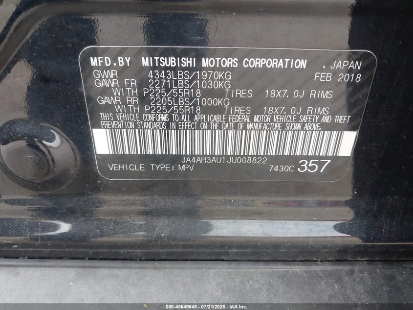 2018 Mitsubishi Outlander VIN JA4AR3AU1JU008822 IAAI salvage auction — FRONT END, Salvage (Pennsylvania), sold $2,450 on 2026-07-26 (photo 9)