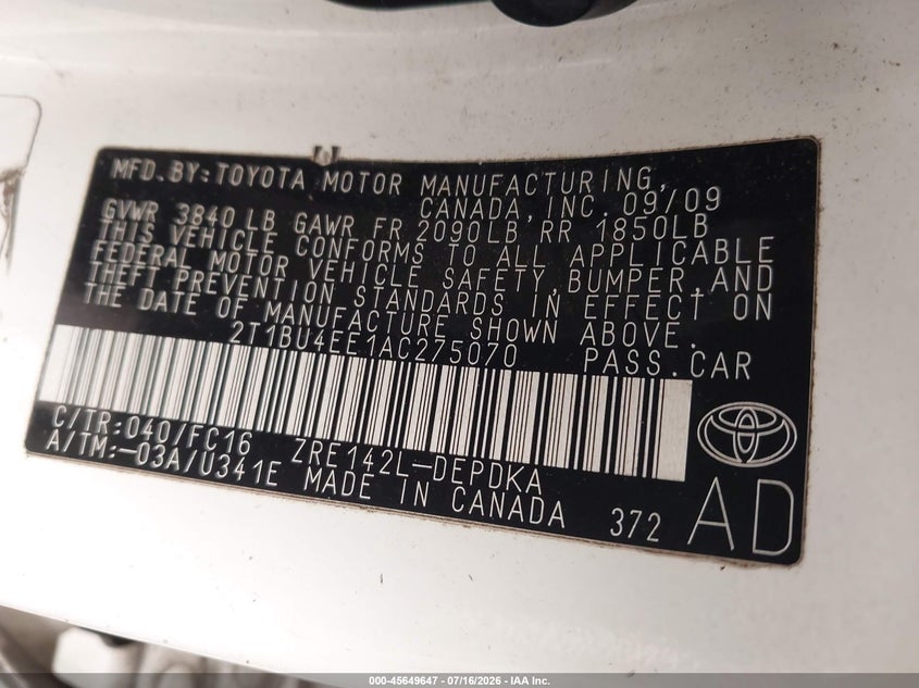 2010 Toyota Corolla VIN 2T1BU4EE1AC275070 IAAI salvage auction — NORMAL WEAR, Clear (New York), sold $1,050 on 2026-07-22 (photo 9)
