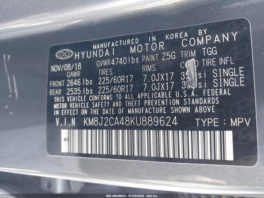 2019 Hyundai Tucson VIN KM8J2CA48KU889624 IAAI salvage auction — NORMAL WEAR, Clear (Pennsylvania), sold $3,700 on 2026-07-31 (photo 9)