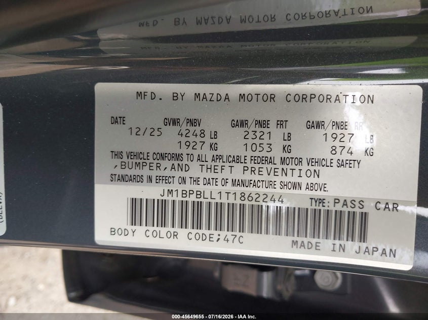 2026 Mazda 3 VIN JM1BPBLL1T1862244 IAAI salvage auction — RIGHT FRONT, Clear (North Carolina), sold $13,875 on 2026-07-30 (photo 9)