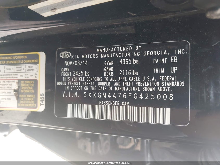 2015 Kia Optima VIN 5XXGM4A76FG425008 IAAI salvage auction — LEFT FRONT, Salvage Title, sold $425 on 2026-08-02 (photo 9)