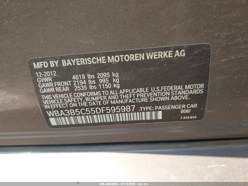 2013 BMW 3 series VIN WBA3B5C55DF595987 IAAI salvage auction — NORMAL WEAR, Clear (Pennsylvania), sold $125 on 2026-07-21 (photo 9)