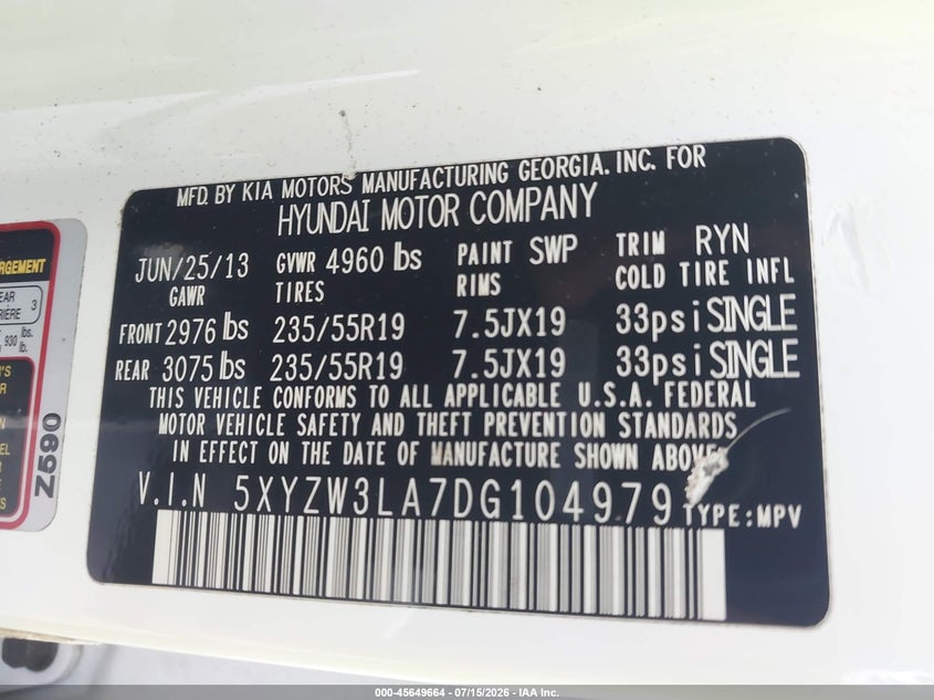 2013 Hyundai Santa fe VIN 5XYZW3LA7DG104979 IAAI salvage auction — NORMAL WEAR, Clear (Florida), sold $625 on 2026-07-29 (photo 9)