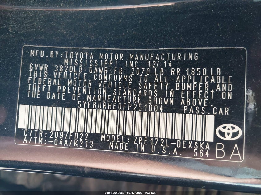 2015 Toyota Corolla VIN 5YFBURHE0FP251004 IAAI salvage auction — FRONT END, Salvage Certificate (California), sold $2,350 on 2026-07-29 (photo 9)