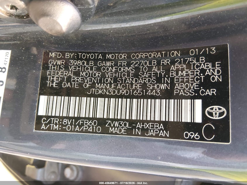 2013 Toyota Prius VIN JTDKN3DU9D1651443 IAAI salvage auction — NORMAL WEAR, Clear (Virginia), sold $775 on 2026-07-22 (photo 9)