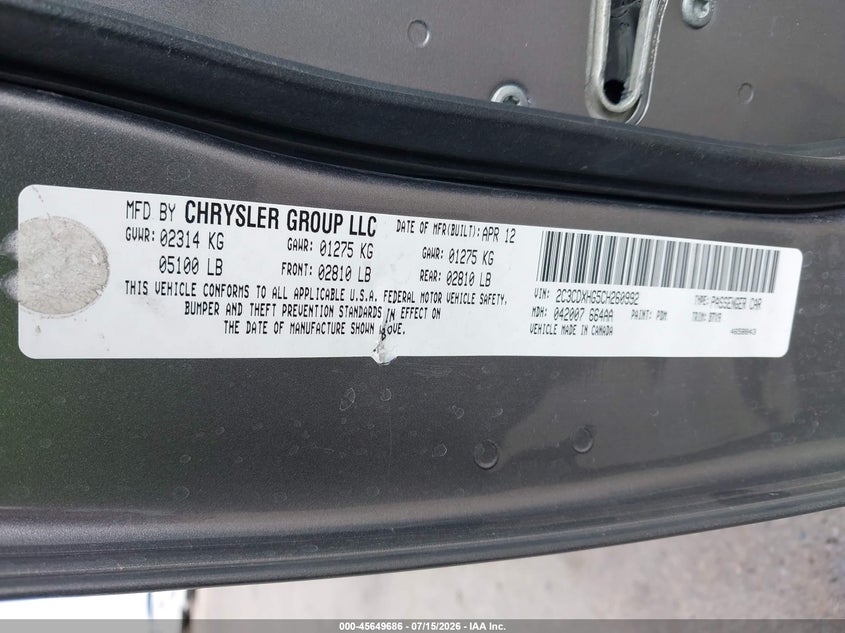 2012 Dodge Charger VIN 2C3CDXHG5CH260992 IAAI salvage auction — FRONT END, Salvage (Arizona), sold $875 on 2026-07-29 (photo 9)