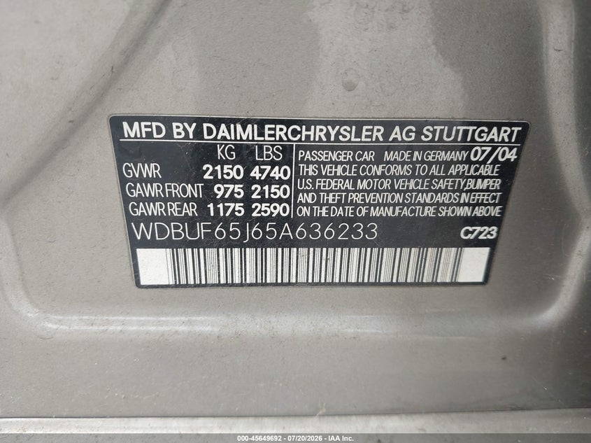 2005 Mercedes-benz E-class VIN WDBUF65J65A636233 IAAI salvage auction — NORMAL WEAR, Clear - Dealer Only (California), sold $175 on 2026-07-30 (photo 9)