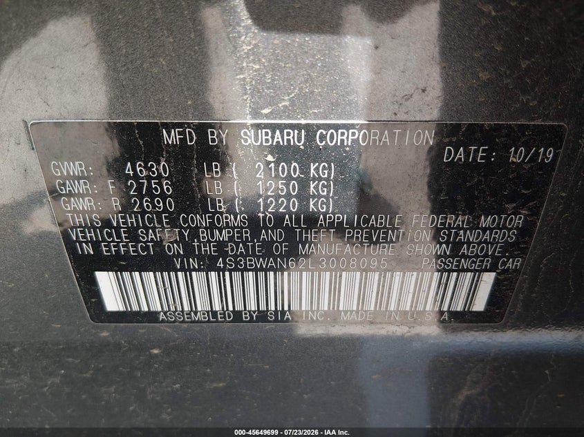 2020 Subaru LEGACY VIN 4S3BWAN62L3008095 IAAI salvage auction — REAR END, Salvage Title, sold $4,050 on 2026-07-31 (photo 9)