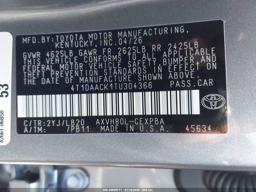 2026 Toyota Camry VIN 4T1DAACK1TU304366 IAAI salvage auction — REAR END, Salvage Title, sold $23,600 on 2026-07-31 (photo 9)