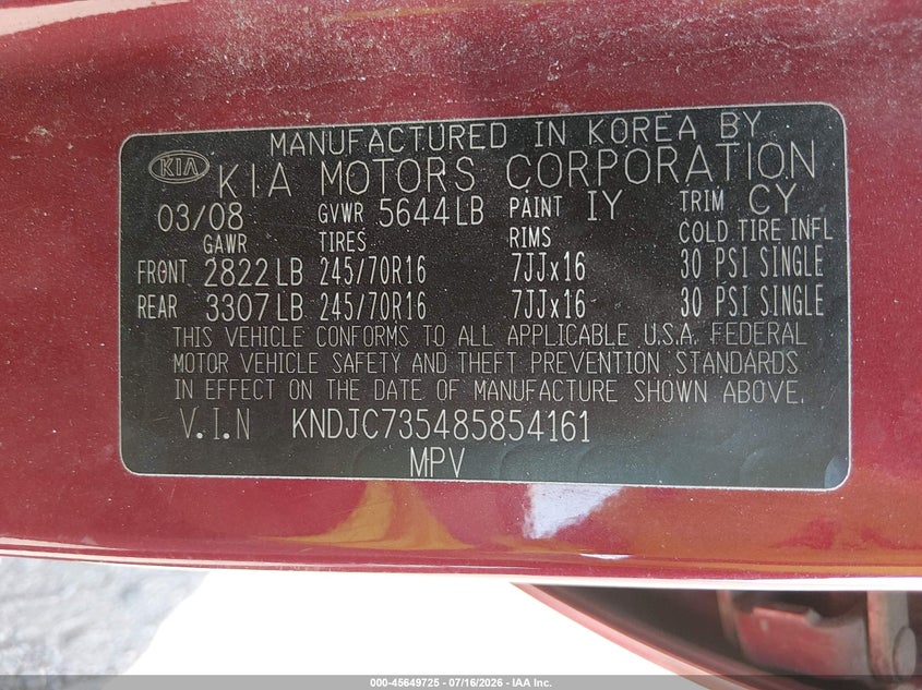 2008 Kia Sorento VIN KNDJC735485854161 IAAI salvage auction — NORMAL WEAR, Clear (Colorado), sold $25 on 2026-07-28 (photo 9)