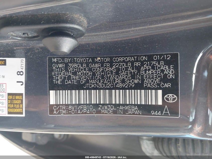 2012 Toyota Prius VIN JTDKN3DU2C1489279 IAAI salvage auction — NORMAL WEAR, Original (Texas), sold $1,900 on 2026-07-22 (photo 9)