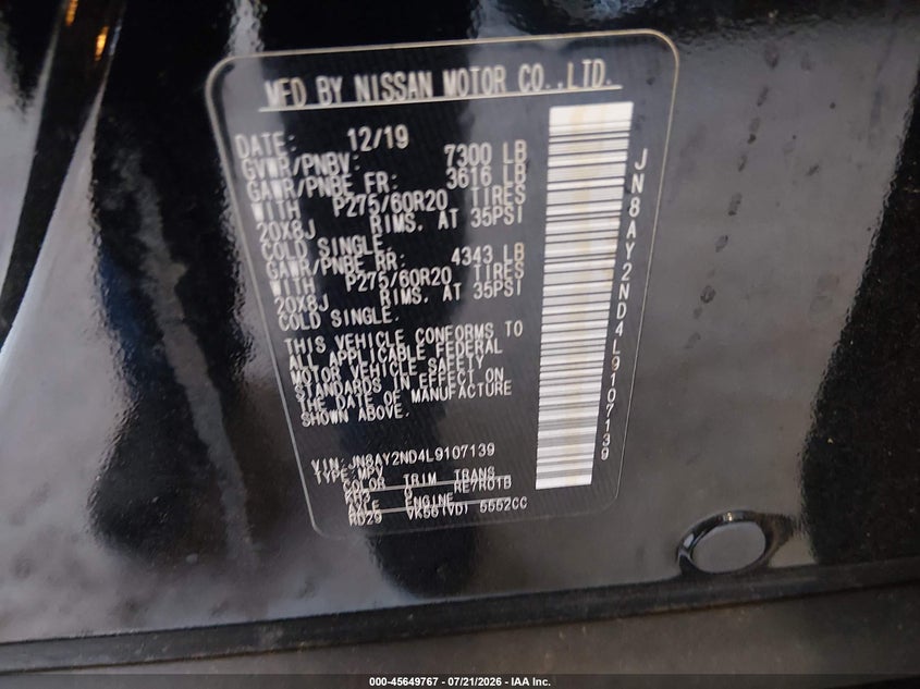 2020 Nissan Armada VIN JN8AY2ND4L9107139 IAAI salvage auction — SIDE, Salvage (Tennessee), sold $4,750 on 2026-07-28 (photo 9)