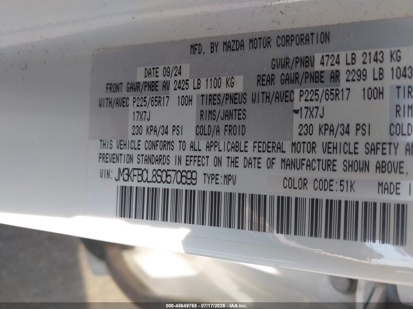 2025 Mazda Cx-5 VIN JM3KFBCL8S0570699 IAAI salvage auction — THEFT, Wait Title, sold $25 on 2026-10-12 (photo 9)