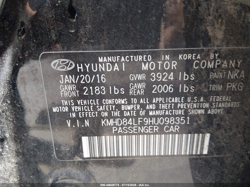 2017 Hyundai Elantra VIN KMHD84LF9HU098351 IAAI salvage auction — NORMAL WEAR, Clear (New Mexico), sold $25 on 2026-07-29 (photo 9)