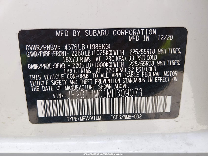 2021 Subaru Xv VIN JF2GTHMC1MH309073 IAAI salvage auction — REAR END, Salvage (Kansas), sold $3,550 on 2026-09-11 (photo 9)