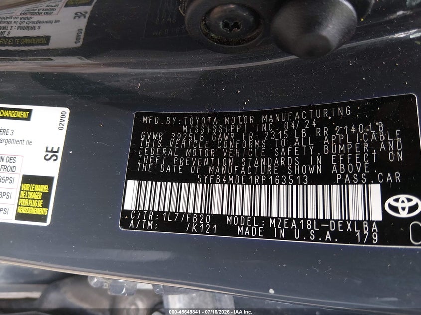 2024 Toyota Corolla VIN 5YFB4MDE1RP163513 IAAI salvage auction — FRONT END, Enterprise Vehicles Clear Only (Colorado), sold $8,600 on 2026-07-23 (photo 9)