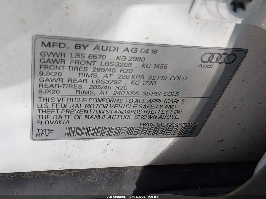 2017 Audi Q7 VIN WA1LAAF73HD016275 IAAI salvage auction — NORMAL WEAR, Clear (Colorado), sold $525 on 2026-07-28 (photo 9)