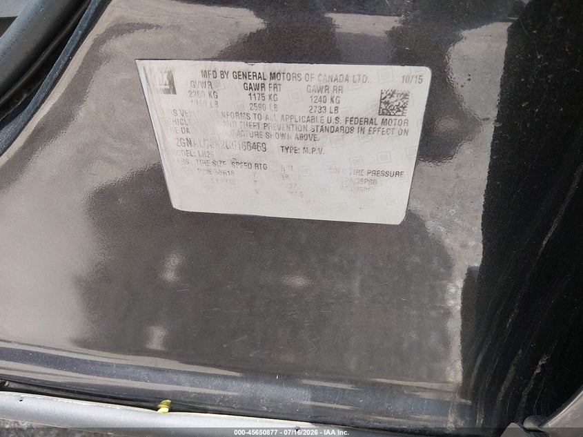 2016 Chevrolet Equinox VIN 2GNALCEK2G6166469 IAAI salvage auction — FRONT END, Original (Texas), sold $1,050 on 2026-07-23 (photo 9)