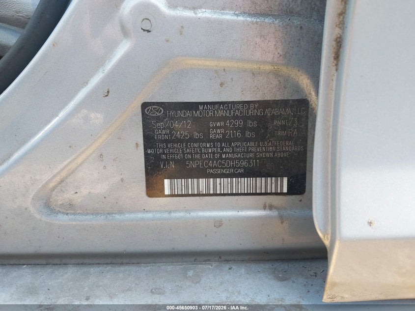 2013 Hyundai Sonata VIN 5NPEC4AC5DH596311 IAAI salvage auction — REAR END, Parts Only Bos (South Carolina), sold $25 on 2026-07-28 (photo 9)