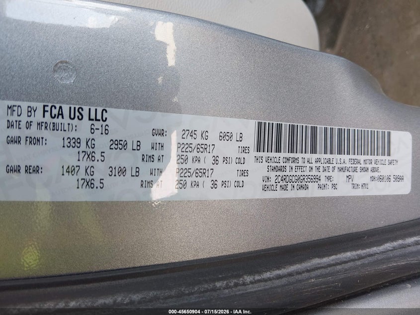 2016 Dodge Grand caravan VIN 2C4RDGCG0GR356994 IAAI salvage auction — NORMAL WEAR, Sf97 (New Mexico), sold $11,600 on 2026-09-16 (photo 9)