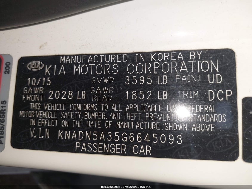 2016 Kia Rio VIN KNADN5A35G6645093 IAAI salvage auction — FRONT END, Wait Title, sold $2,000 on 2026-08-02 (photo 9)