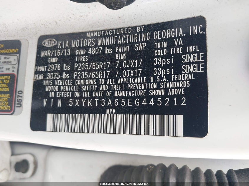 2014 Kia Sorento VIN 5XYKT3A65EG445212 IAAI salvage auction — NORMAL WEAR, Clear (Connecticut), sold $925 on 2026-07-23 (photo 9)