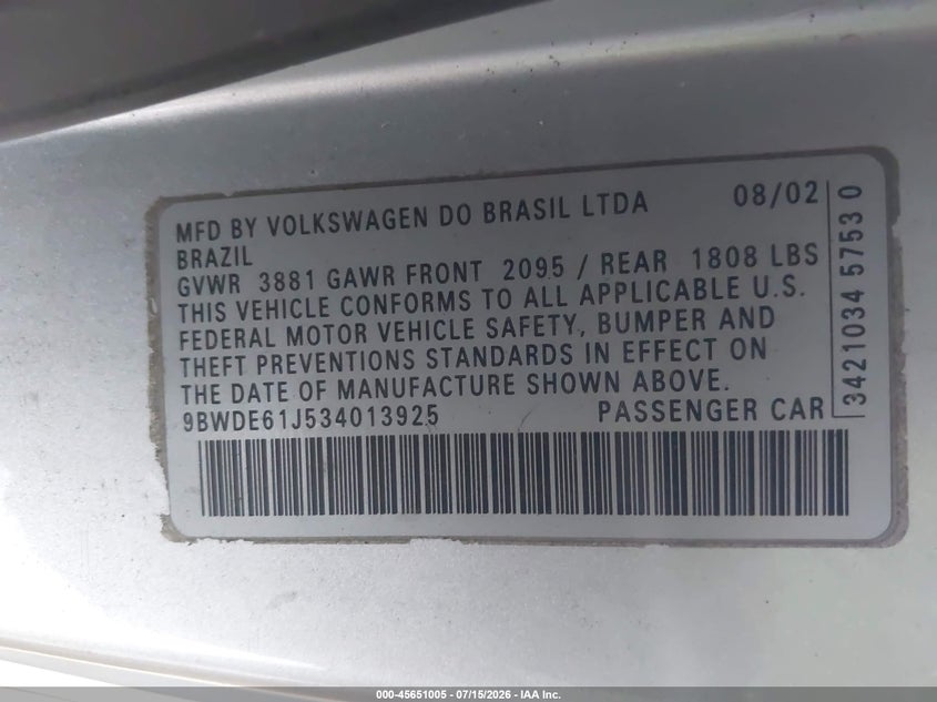2003 Volkswagen Gti VIN 9BWDE61J534013925 IAAI salvage auction — NORMAL WEAR, Clear - Dealer Only (California), sold $375 on 2026-07-21 (photo 8)