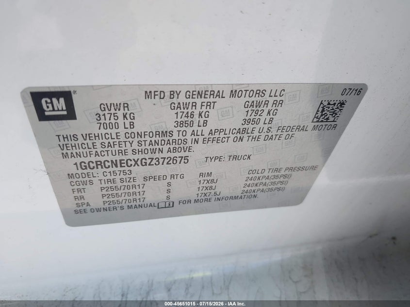 2016 Chevrolet Silverado VIN 1GCRCNECXGZ372675 IAAI salvage auction — REAR END, Salvage Title, sold $5,100 on 2026-07-31 (photo 9)