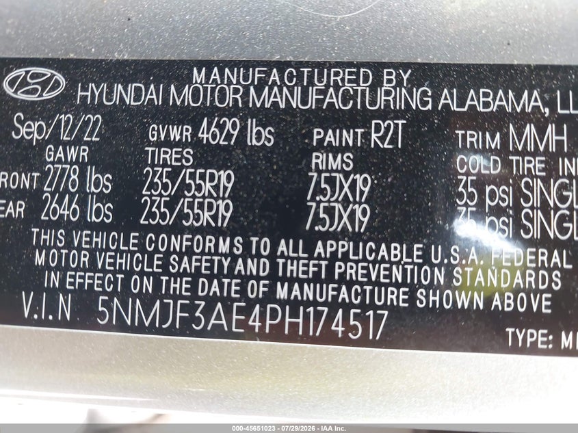 2023 Hyundai Tucson VIN 5NMJF3AE4PH174517 IAAI salvage auction — FRONT END, Salvage Title, sold $6,700 on 2026-09-10 (photo 9)