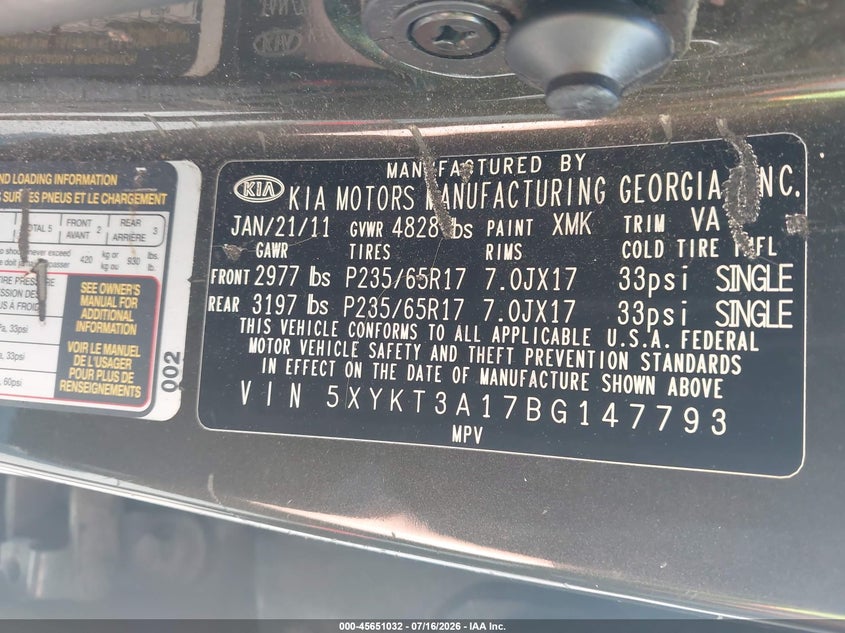 2011 Kia Sorento VIN 5XYKT3A17BG147793 IAAI salvage auction — NORMAL WEAR, Clear (North Carolina), sold $1,200 on 2026-07-23 (photo 9)