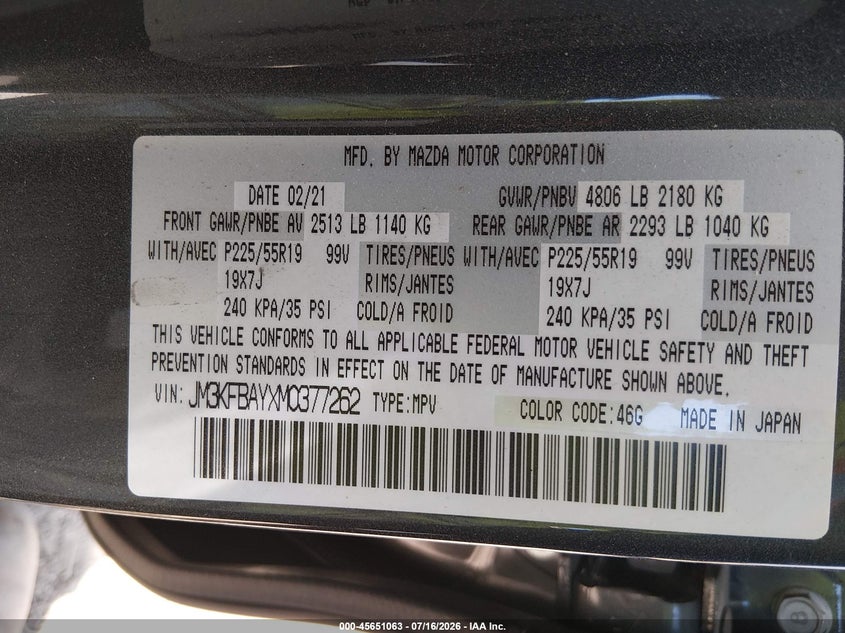 2021 Mazda Cx-5 VIN JM3KFBAYXM0377262 IAAI salvage auction — SIDE, Salvage (California), sold $5,400 on 2026-08-02 (photo 9)