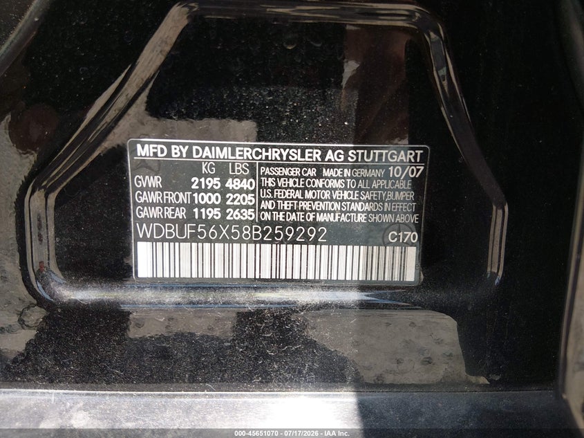 2008 Mercedes-benz E-class VIN WDBUF56X58B259292 IAAI salvage auction — FRONT END, Salvage (South Carolina), sold $1,800 on 2026-08-06 (photo 9)