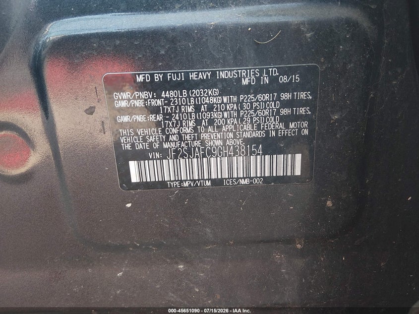 2016 Subaru Forester VIN JF2SJAFC9GH438154 IAAI salvage auction — NORMAL WEAR, Clear (Maryland), sold $800 on 2026-07-30 (photo 9)