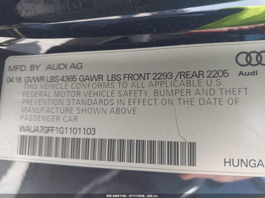 2016 Audi A3 VIN WAUA7GFF1G1101103 IAAI salvage auction — FRONT END, Rebuildable (Florida), sold $675 on 2026-08-27 (photo 9)