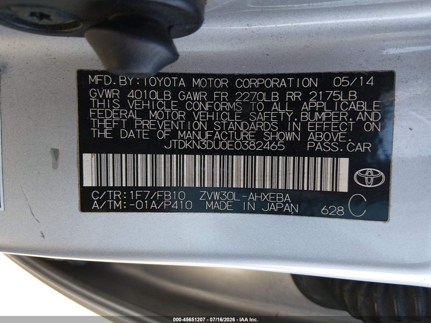 2014 Toyota Prius VIN JTDKN3DU0E0382465 IAAI salvage auction — NORMAL WEAR, Clear - Dealer Only (California), sold $1,550 on 2026-07-29 (photo 9)