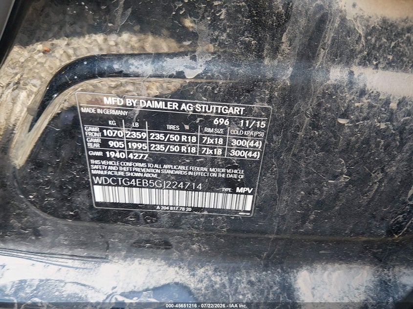 2016 Mercedes-benz Gla-klasse VIN WDCTG4EB5GJ224714 IAAI salvage auction — FRONT END, Salvage (Arkansas), sold $1,050 on 2026-08-13 (photo 9)