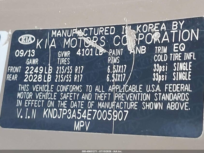 2014 Kia Soul VIN KNDJP3A54E7005907 IAAI salvage auction — ENGINE DAMAGE, Clear (Florida), sold $375 on 2026-07-23 (photo 9)