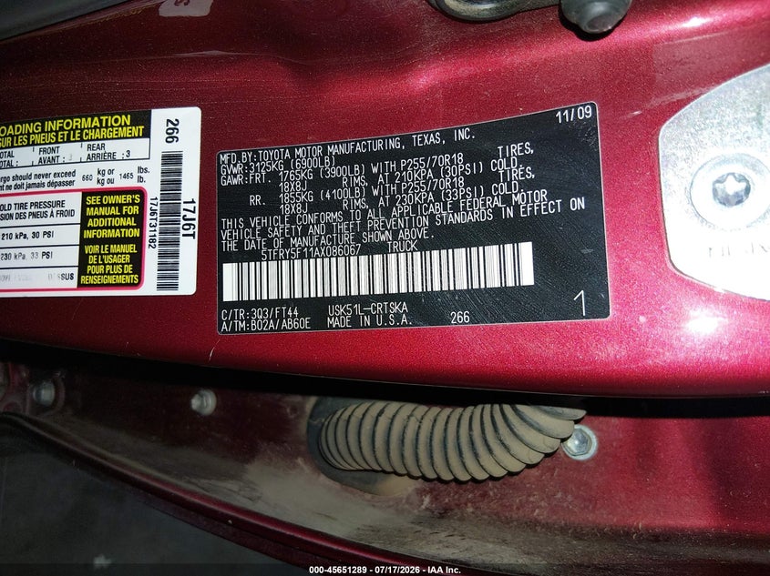 2010 Toyota Tundra VIN 5TFRY5F11AX086067 IAAI salvage auction — FRONT END, Salvage (Arizona), sold $3,250 on 2026-08-03 (photo 9)
