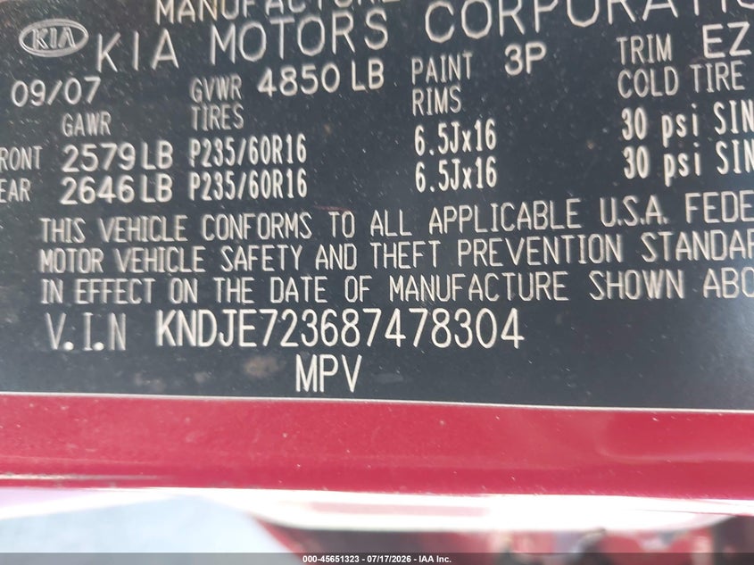 2008 Kia Sportage VIN KNDJE723687478304 IAAI salvage auction — NORMAL WEAR, Clear - Dealer Only (California), sold $375 on 2026-07-29 (photo 9)