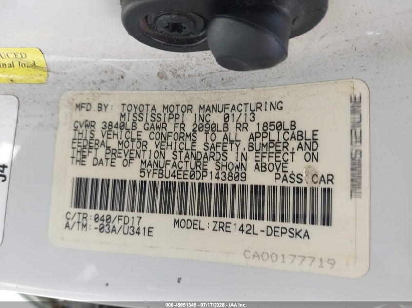 2013 Toyota Corolla VIN 5YFBU4EE0DP143809 IAAI salvage auction — FRONT END, Salvage (California), sold $1,650 on 2026-07-30 (photo 9)
